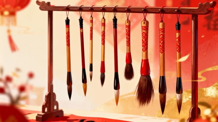 Petali che fluttuano delicatamente, sfiorando pennelli da calligrafia cinese appesi a un supporto di legno in un'esposizione festosa