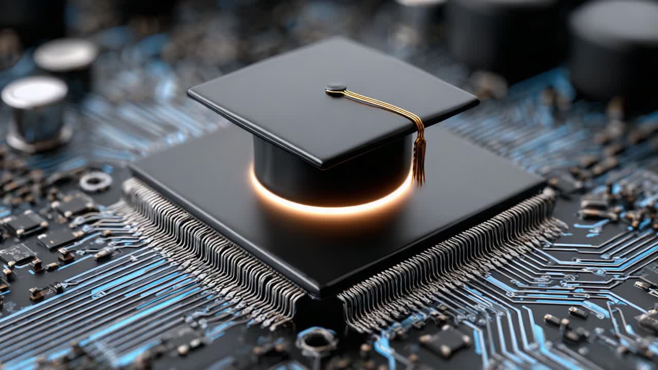 A Creative Fusion of Education and Technology: A Graduation Cap Resting on a Microprocessor, Symbolizing the Intersection of Knowledge and Innovation