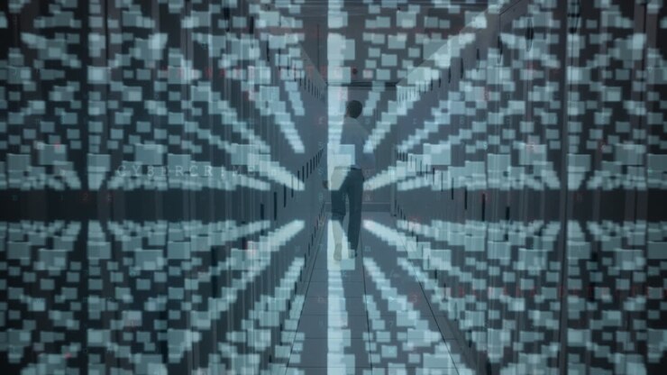 Animation of computer files, padlock motherboard, man walking in server room and data processing