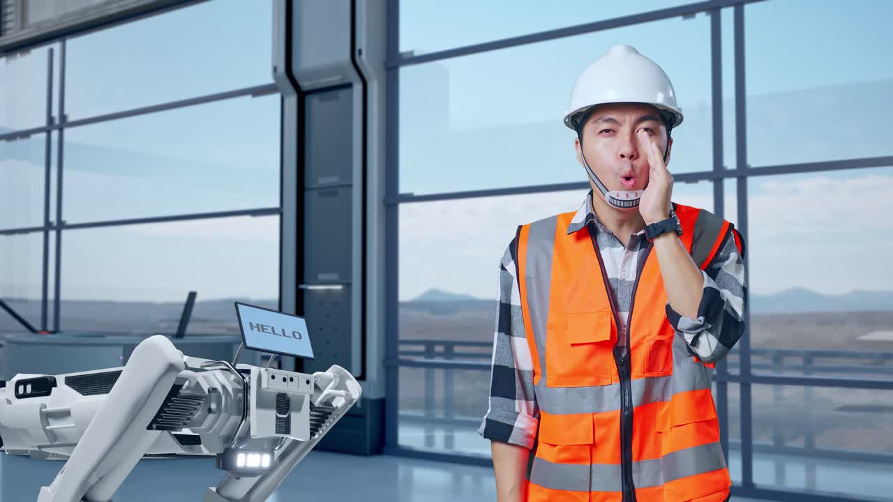 ingeniero que se comunica con un robot en un entorno industrial moderno