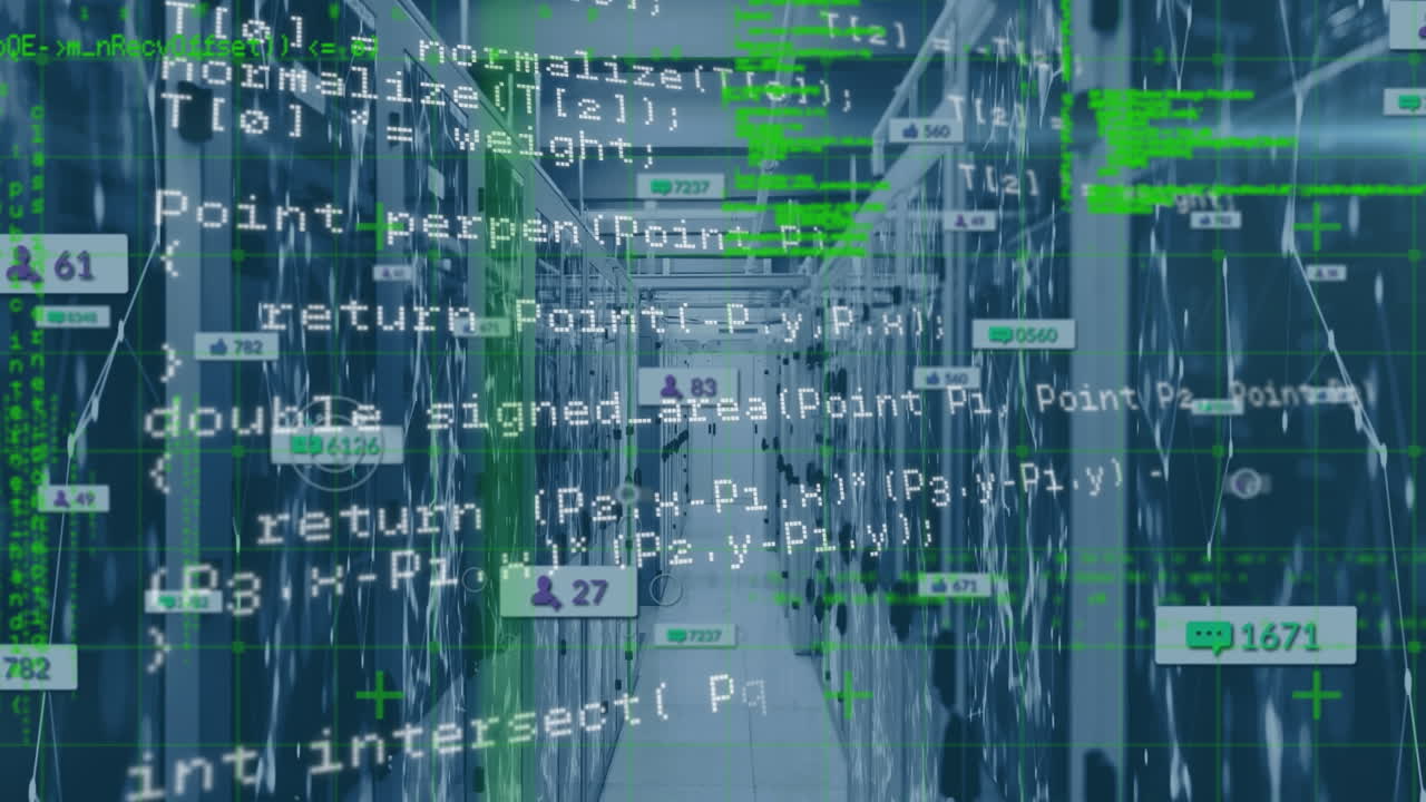 Animation of data processing and media icons over server room