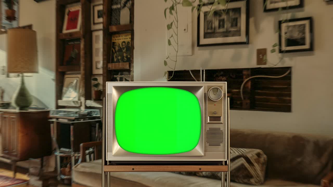 Vintage Television with Green Screen in Retro Living Room