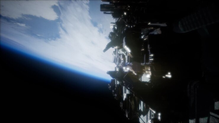 Spaceship with View on Space and Planet Earth