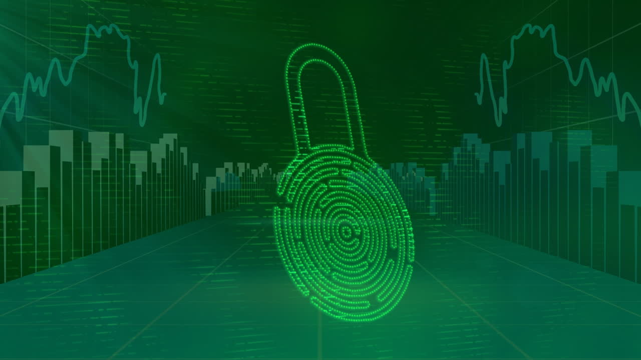 animación del icono del candado y procesamiento de datos sobre fondo negro