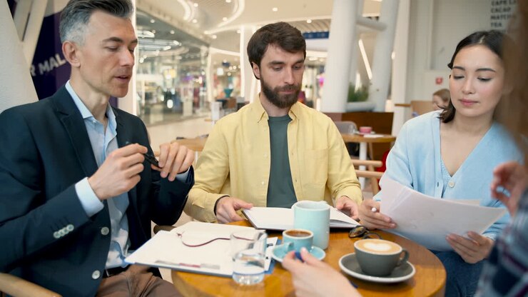 Un team di lavoro ha una riunione d'affari in un bar 1