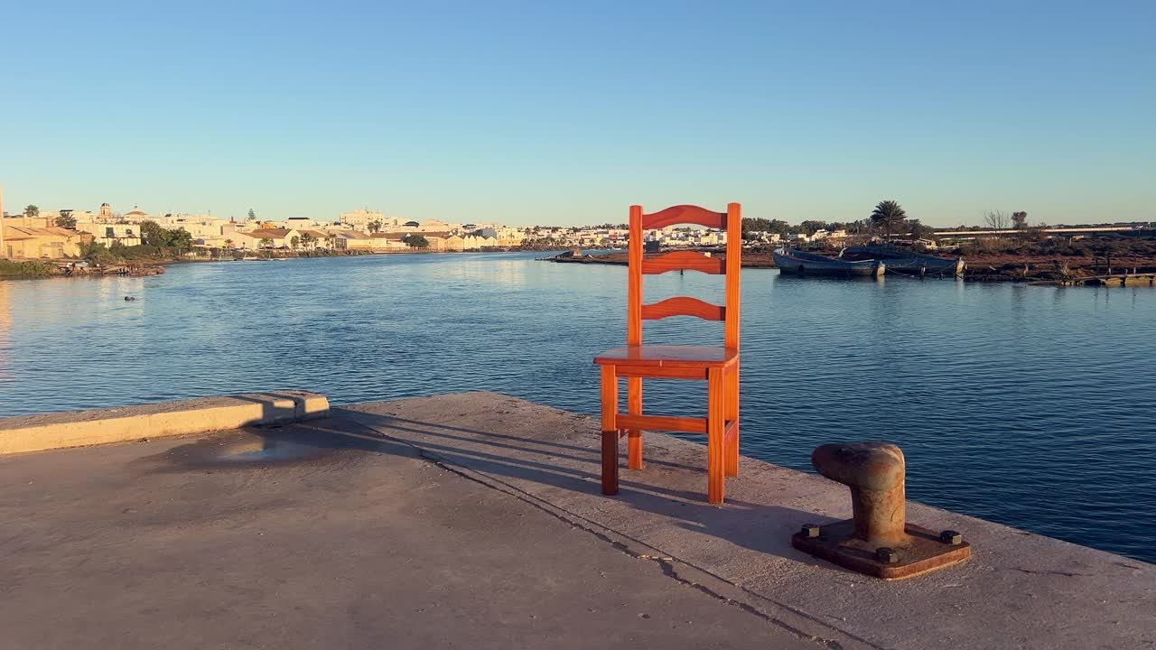 A solitary chair on the pier, no people present, just the sea and a beautiful sunny day