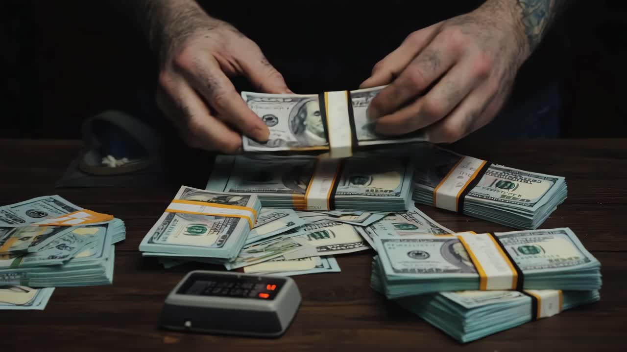 Hands counting large stacks of US dollar bills on a table