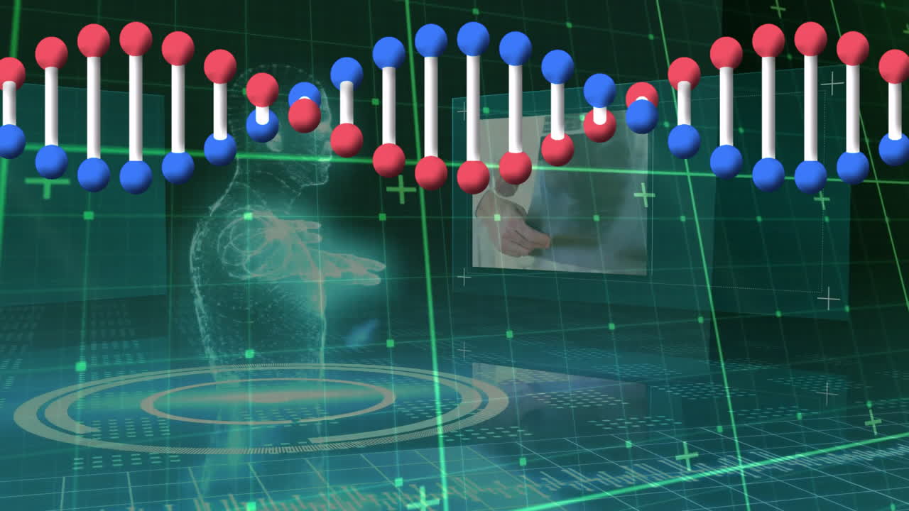 Scientific data processing, DNA strand and binary coding in animation sequence