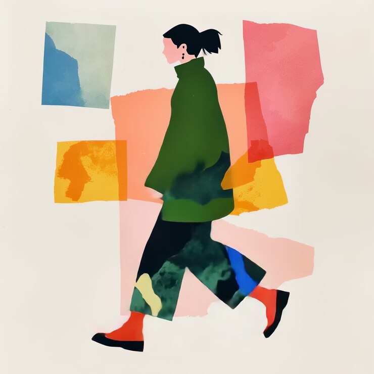 Concetto video astratto di una persona che cammina, profilo laterale. Stile collage vibrante con colori audaci