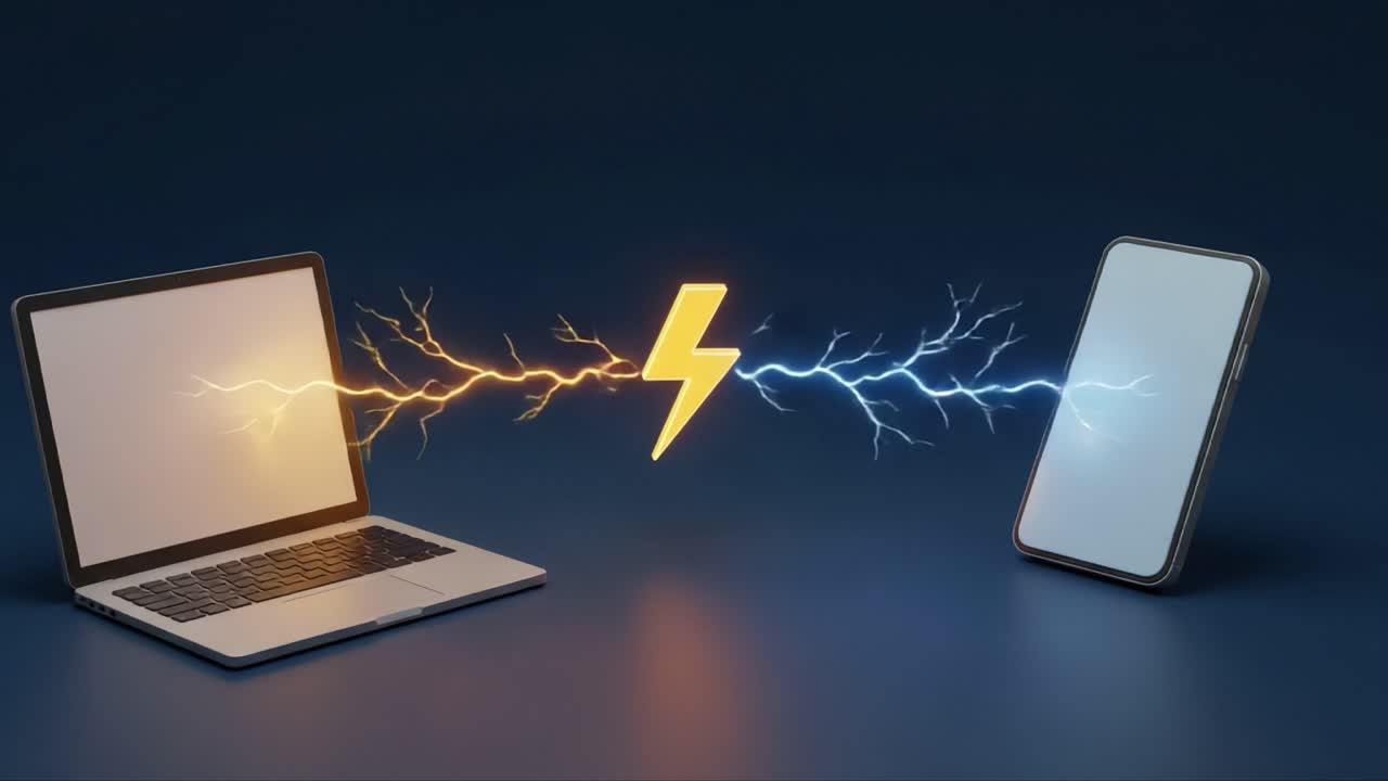 A Dynamic Illustration of Power Transfer Between a Laptop and a Smartphone Amidst Charged Lightning Effects Capturing the Essence of Modern Connectivity and Energy Flow