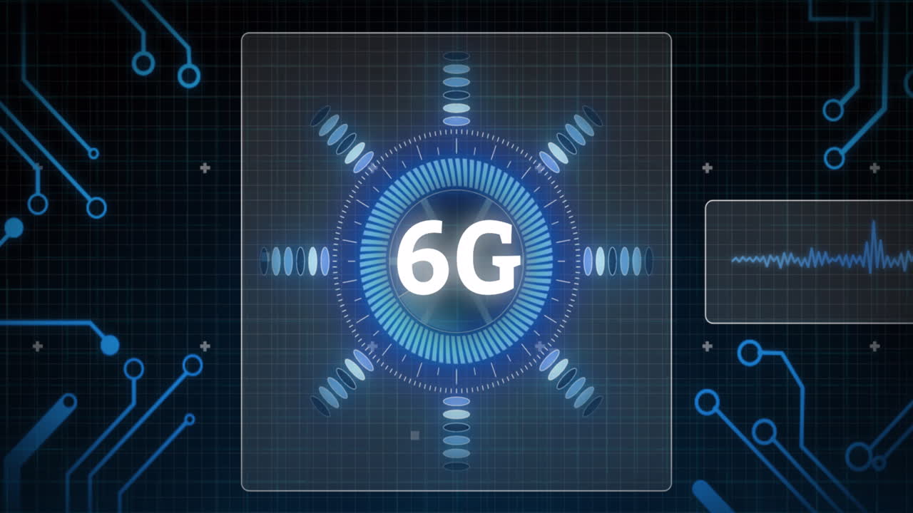 animación de texto de 6g con escaneo de alcance y procesamiento de datos en pantallas sobre cuadrícula