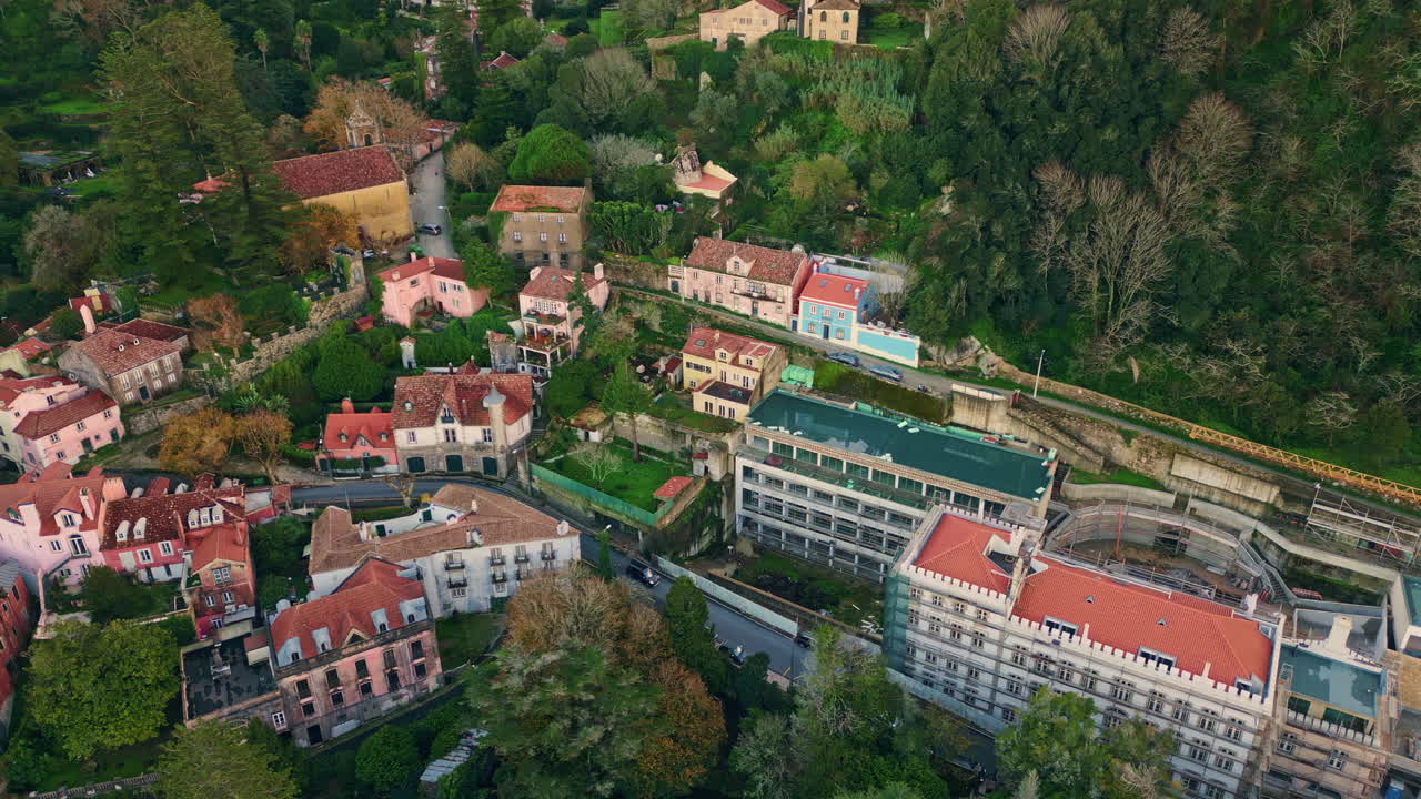 Aerial  green city at summer evening. Picturesque historic town