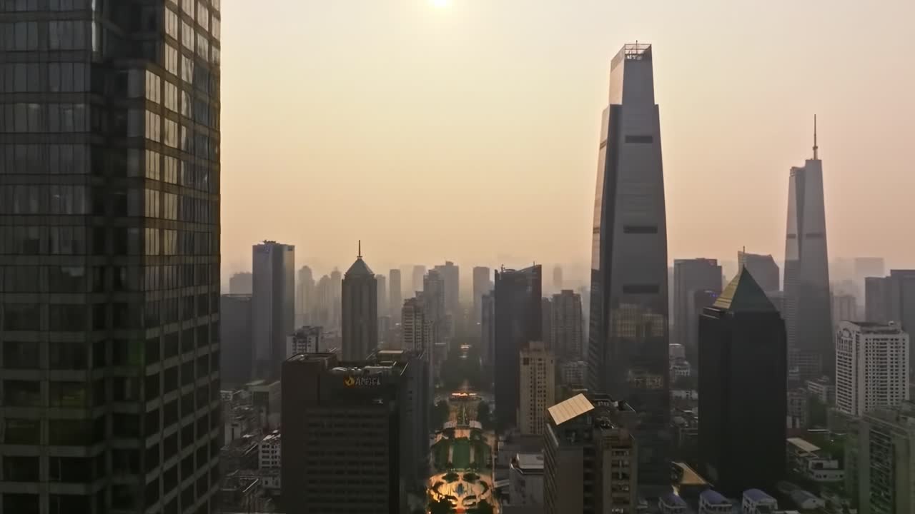 Aerial View of a City Skyline at Dawn with Modern Skyscrapers Emerging from a Soft Golden Hue, Creating a Serene Urban Landscape Under the Morning Sun
