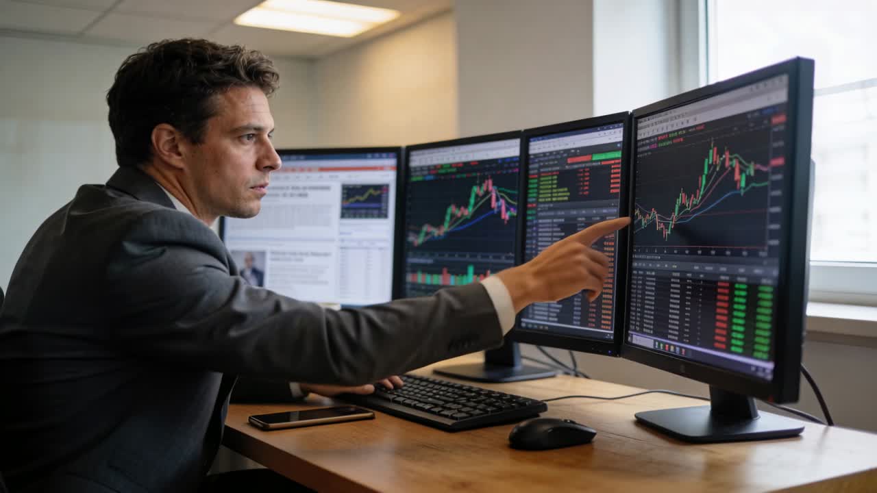 Scanning suited trader reacting to market move at office, adjusting three monitors, using keyboard