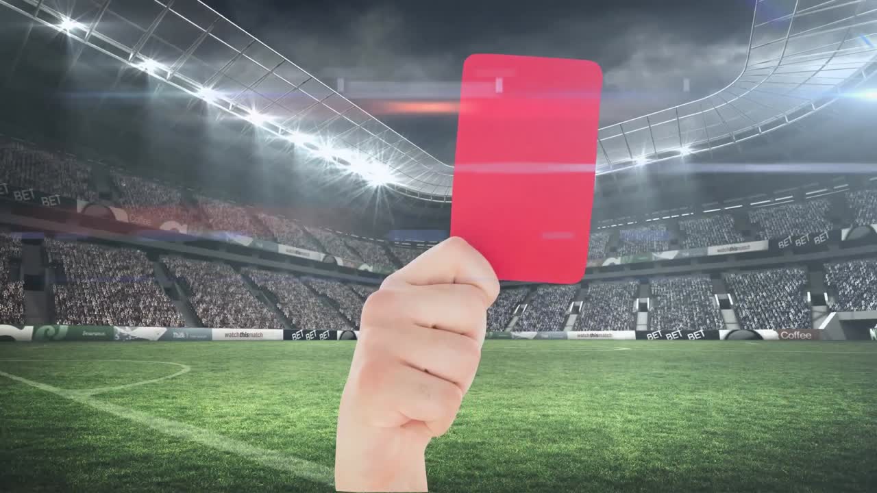 Animation of hand holding red card over stadium