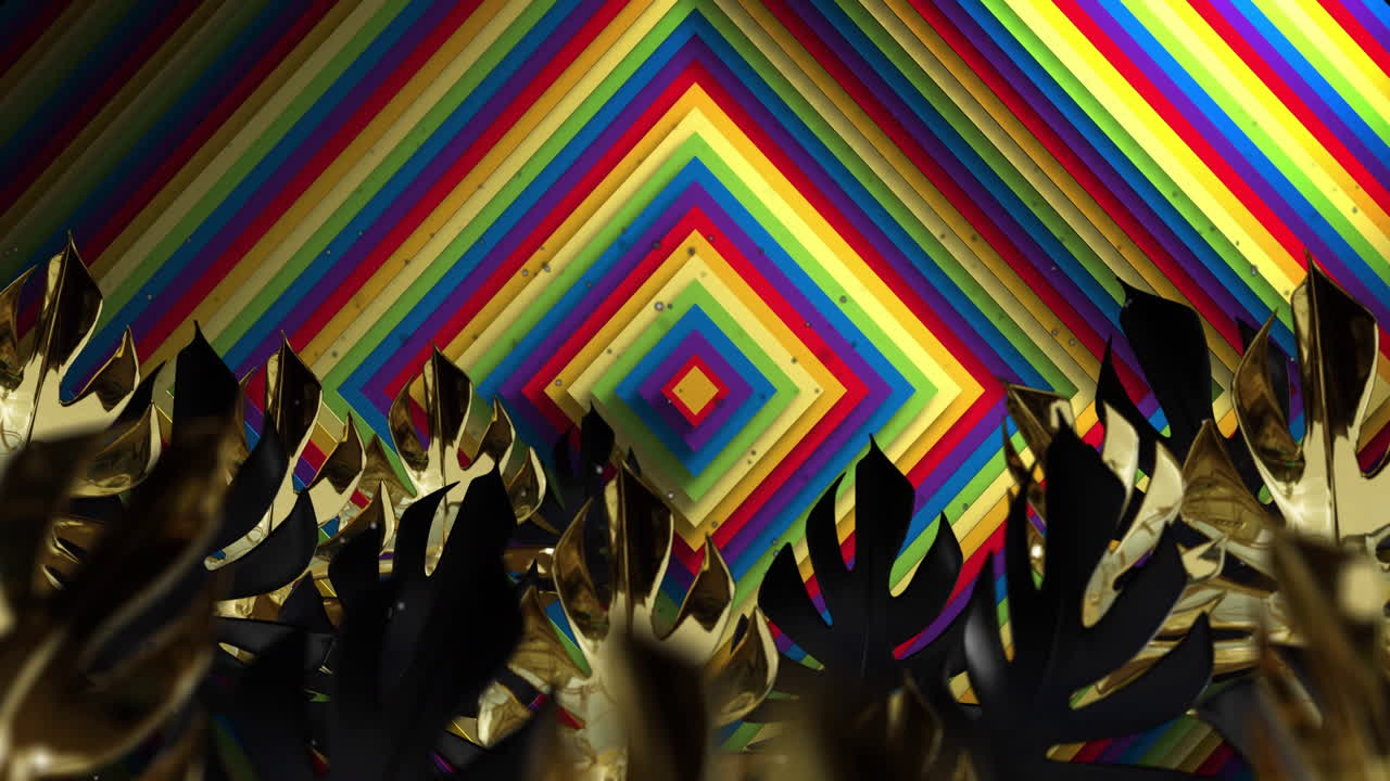 Colorful geometric patterns animation over golden leaves