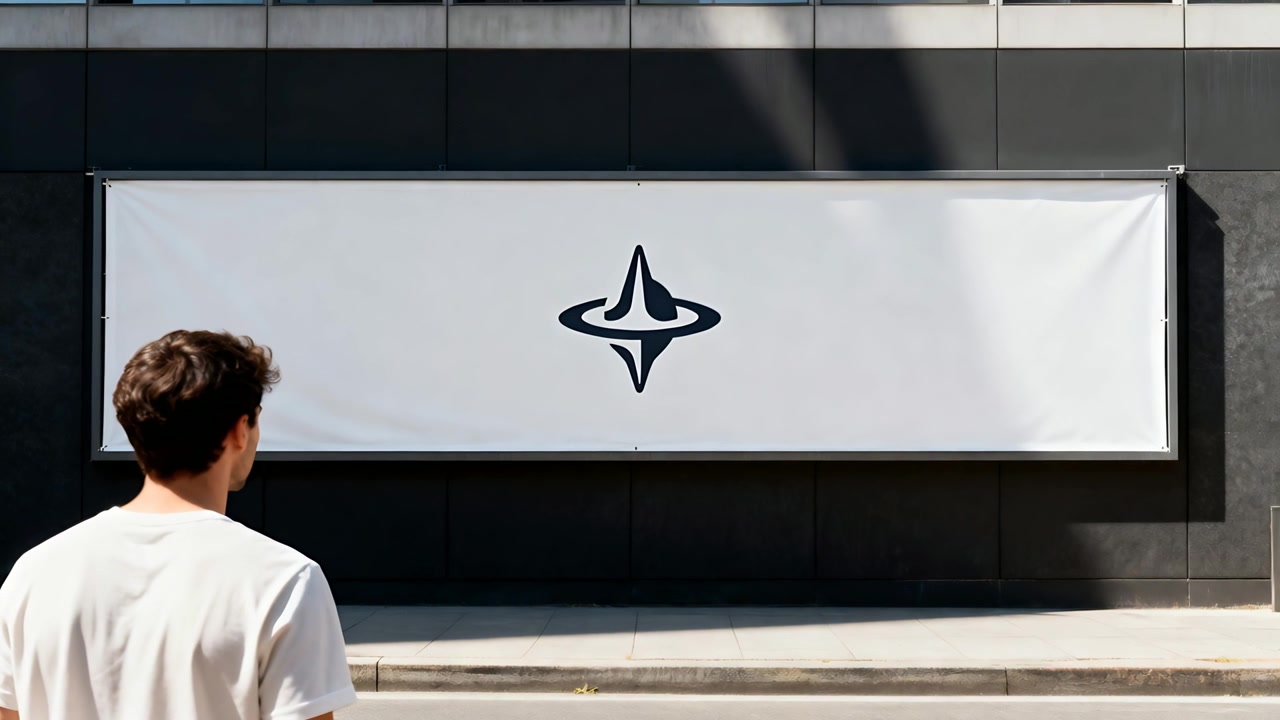 Entering from left, man in light tee approaching banner on dark facade, observing logo, copy space