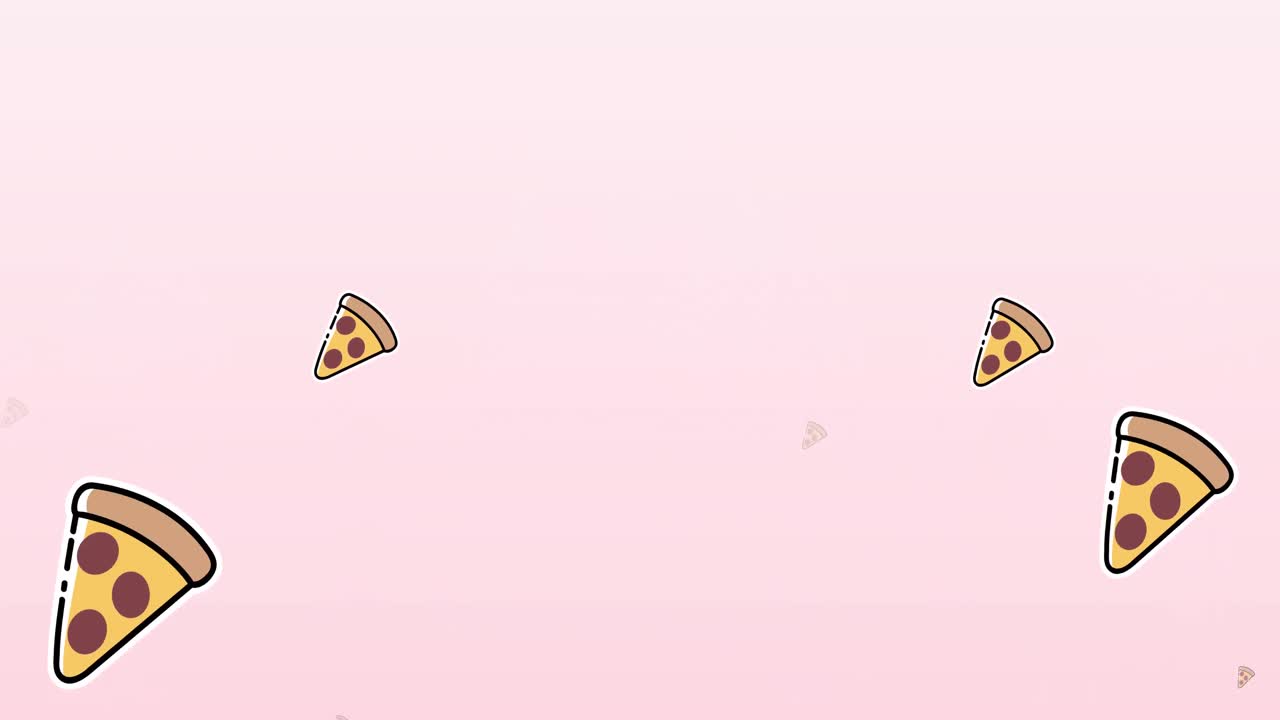 animación de varios iconos de pizza en un fondo rosa