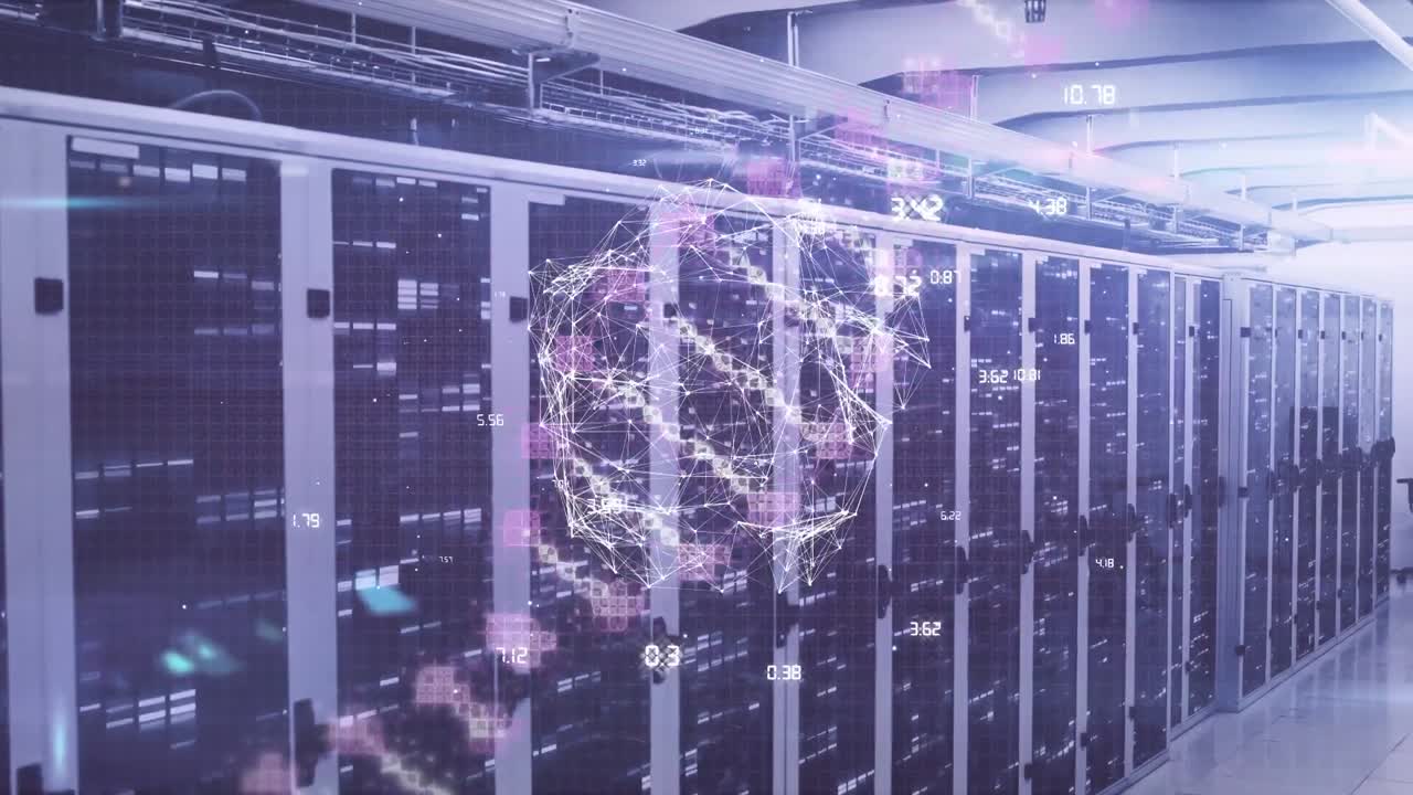 Animation of globe with data processing and dna strand over server room