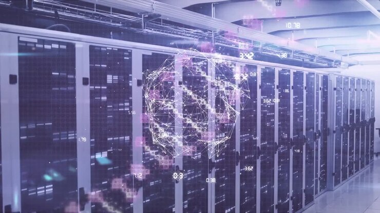 Animation of globe with data processing and dna strand over server room