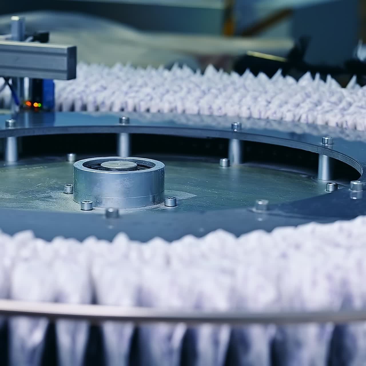 New diapers are ready for sale. A rotating drum carries a batch of finished diapers