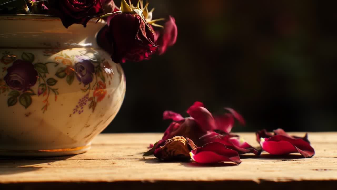 A charming display of wilting roses in an elegant vase sits atop a rustic wooden table. Petals gently fall in soft sunlight, creating a serene atmosphere that captures the beauty of nature.
