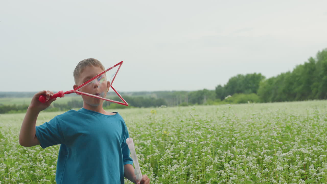 들꽃이 만발한 들판에서 별 모양 막대를 들고 비눗방울 아티스트로 공연하는 백인 소년, 연극적인 몸짓, 집중된 표정, 반짝이는 비눗방울 막, 영화 같은 구도와 장난기 넘치는 창의성