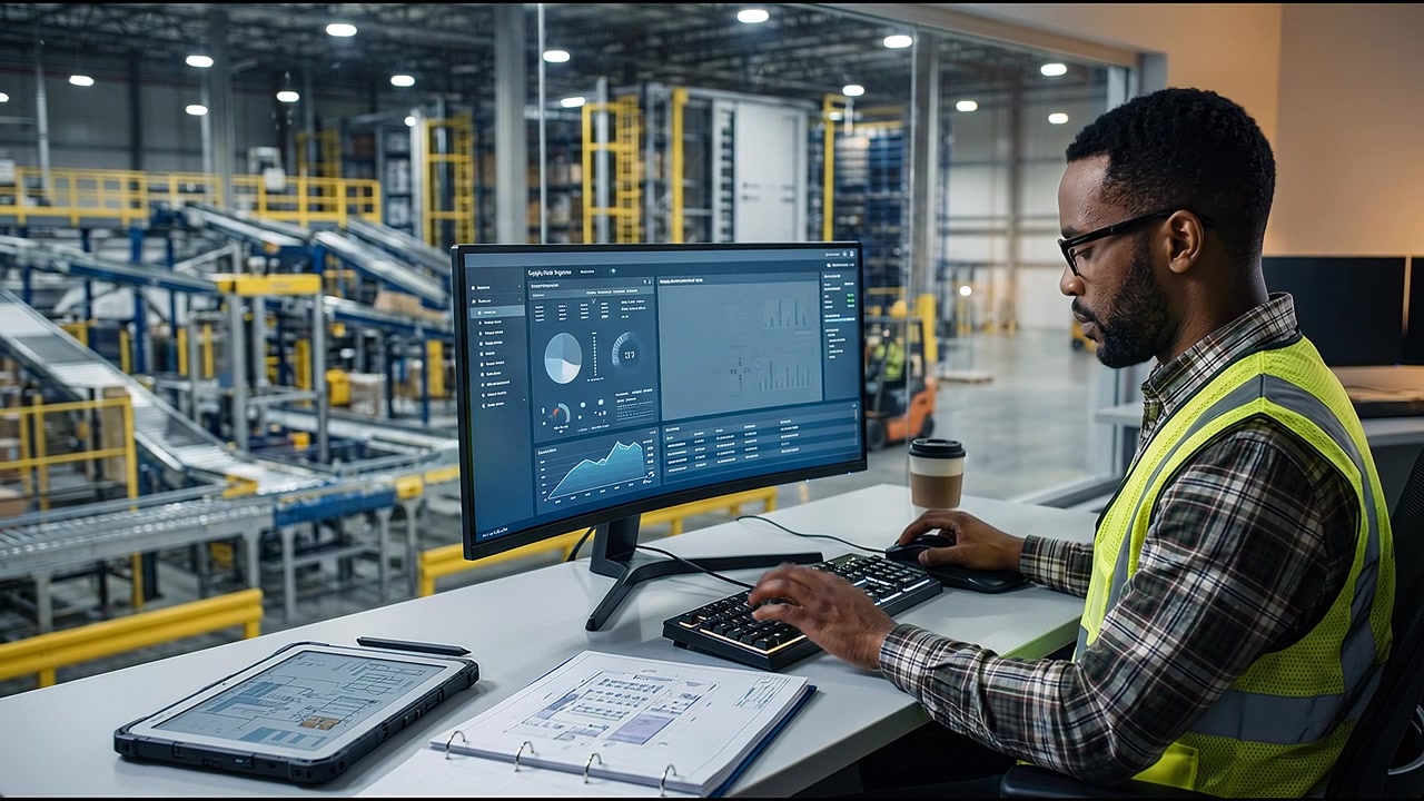 Engineer monitoring industrial systems and digital data in advanced control environment