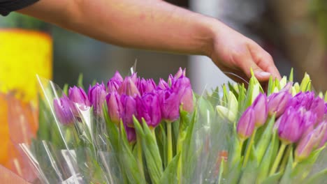 travailleur organise des paniers de bouquets de tulipes