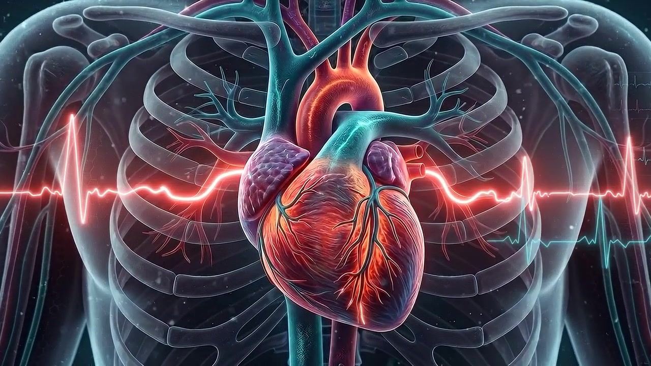 Visualizzazione anatomica di un cuore umano che batte all'interno della gabbia toracica, illustrazione medica