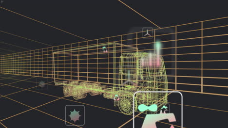 animación de múltiples iconos digitales sobre el modelo de camión 3d que se mueve en un patrón sin costuras en el túnel