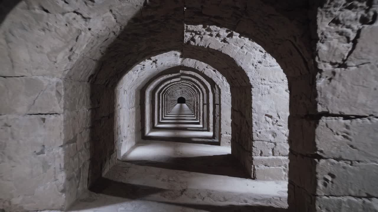 Stone archway corridor stretching into shadowy distance, architectural lines converging with soft daylight filtering through historic masonry, revealing architectural depth and mystique