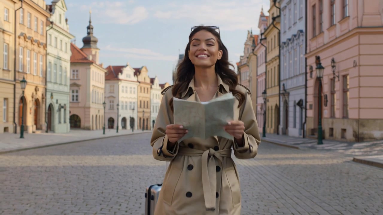 Donna viaggiatrice sorridente con mappa e valigia in una città europea