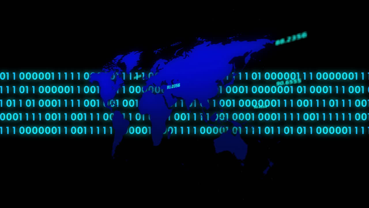 Blue world map silhouette floating over glowing green binary digits in deep black cyber background