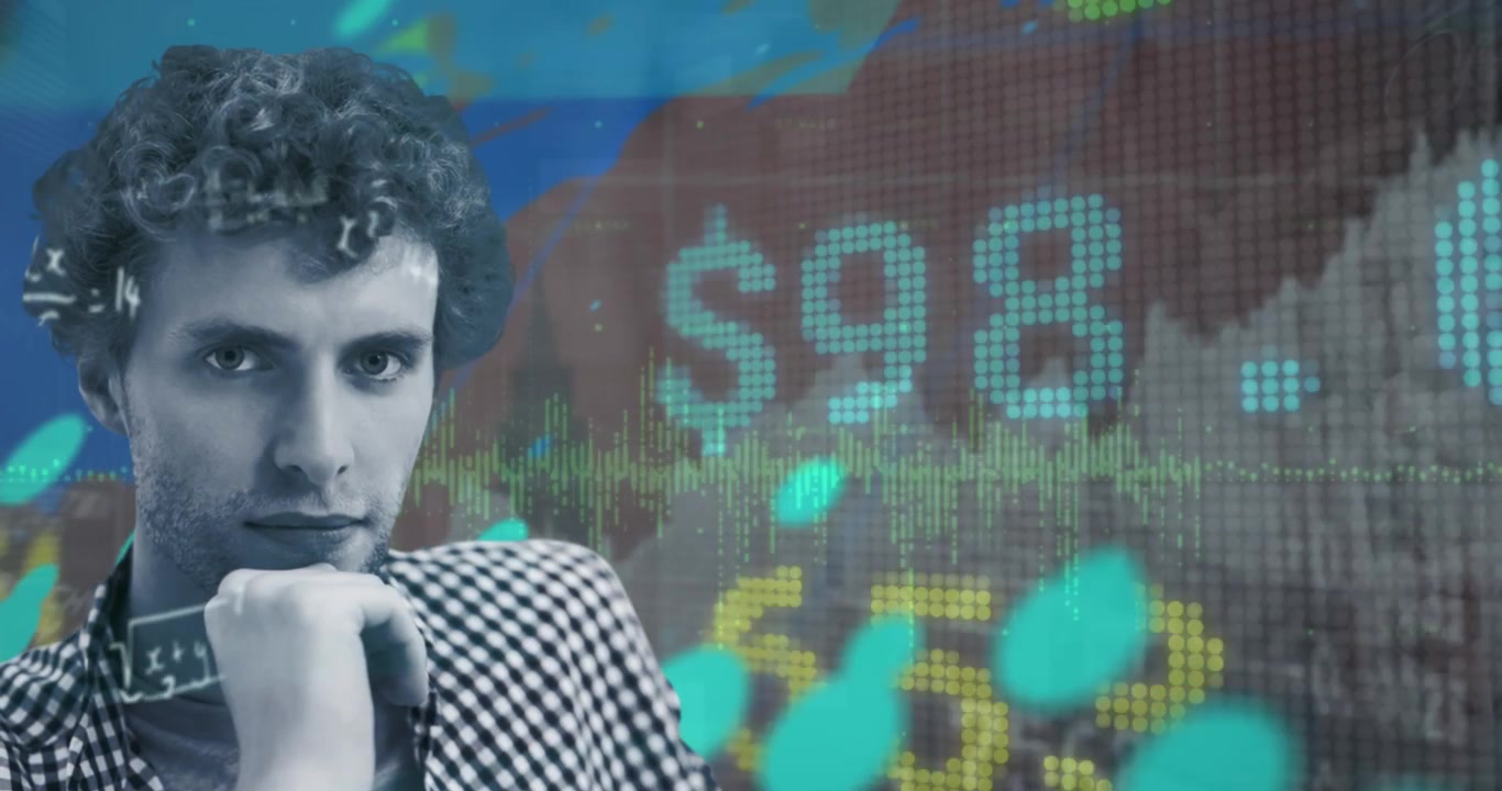 Animation of caucasian man over graphs, numbers, trading board, mathematical equations, map