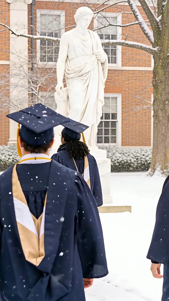 Video verticale: Inizio della processione di laurea che si avvicina a una statua in un campus universitario innevato, con toche e tocco blu scuro.