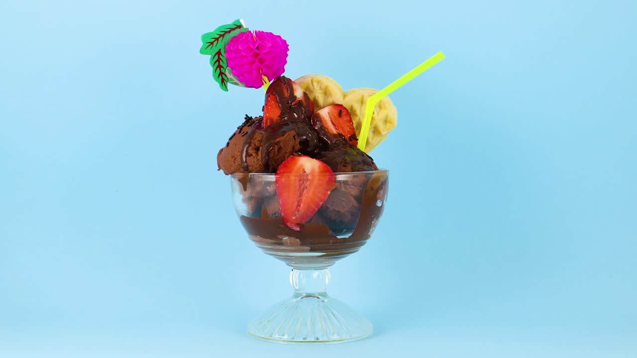 helado de chocolate con fresas decorado en un cuenco de vidrio