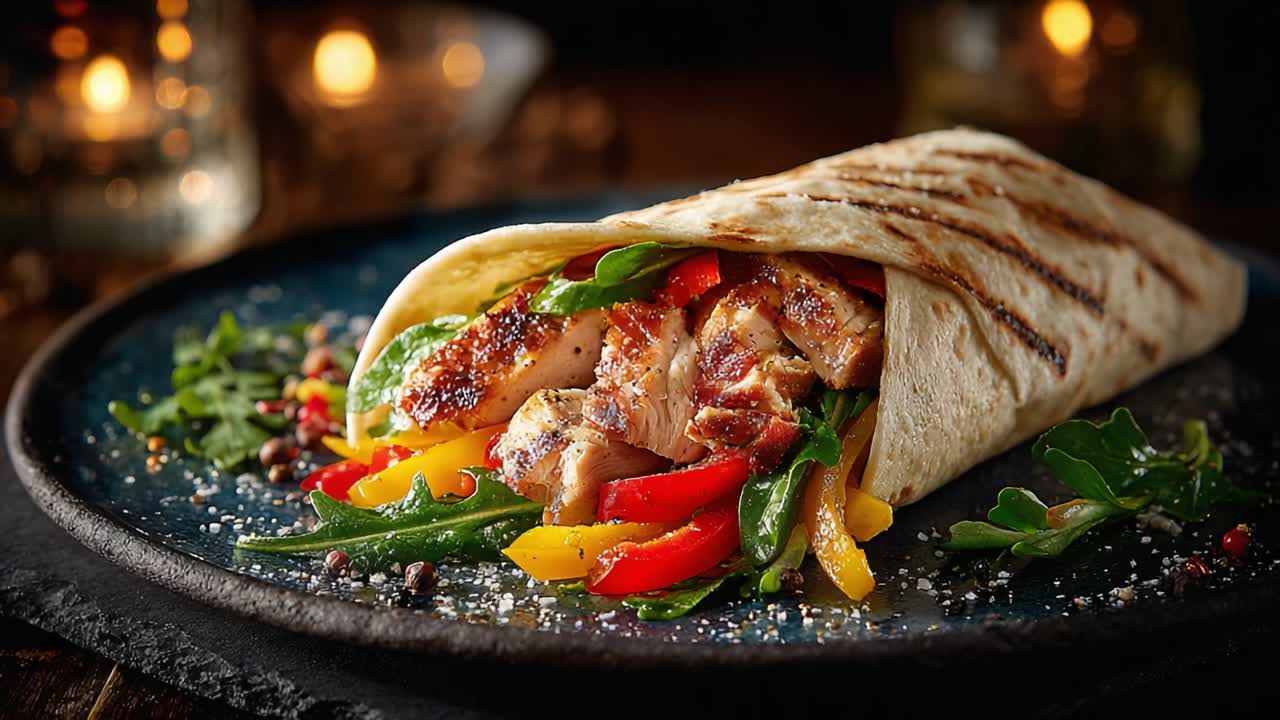 A beautifully crafted wrap filled with grilled chicken, fresh vegetables like bell peppers and arugula, presented on a rustic plate with soft candlelight to enhance its appeal