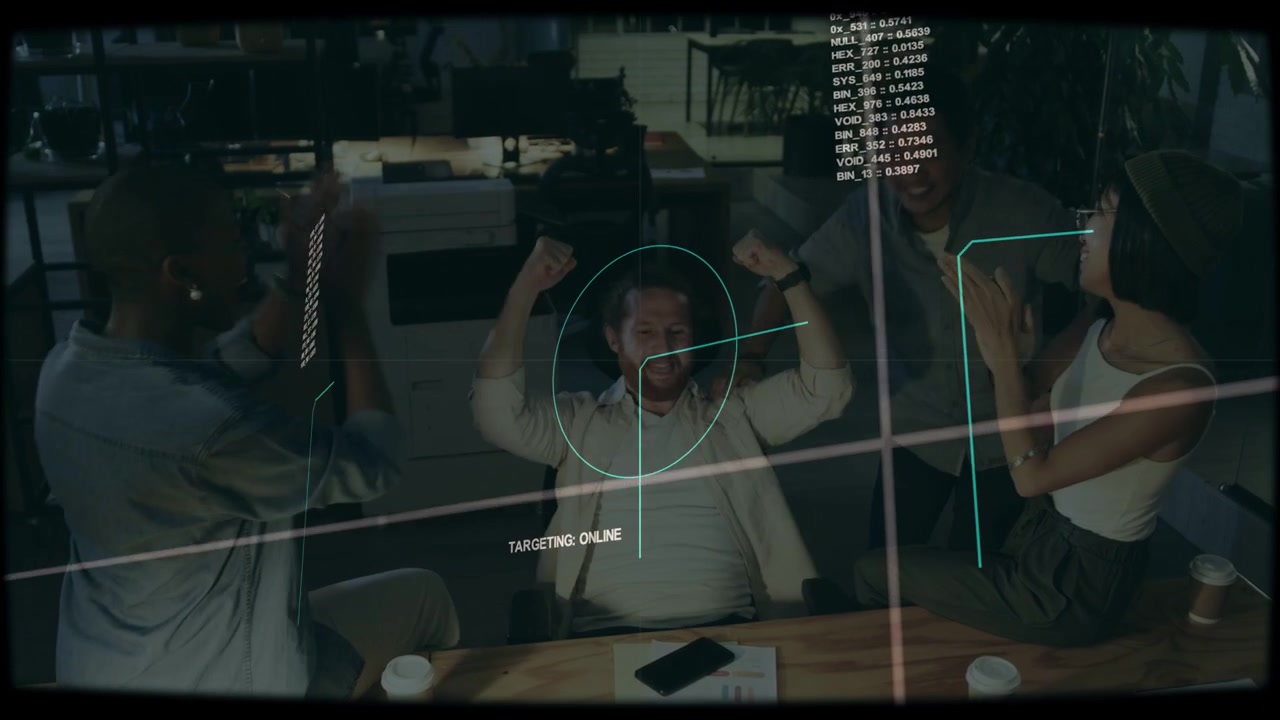 Business team getting phone ping moving around man as HUD target showing data celebrating success