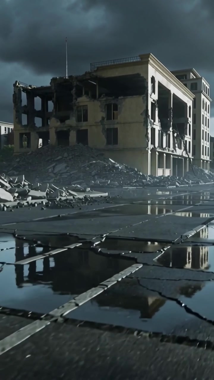 Vertical video: Storm rolling camera panning along wet road to ruined building, showing rubble
