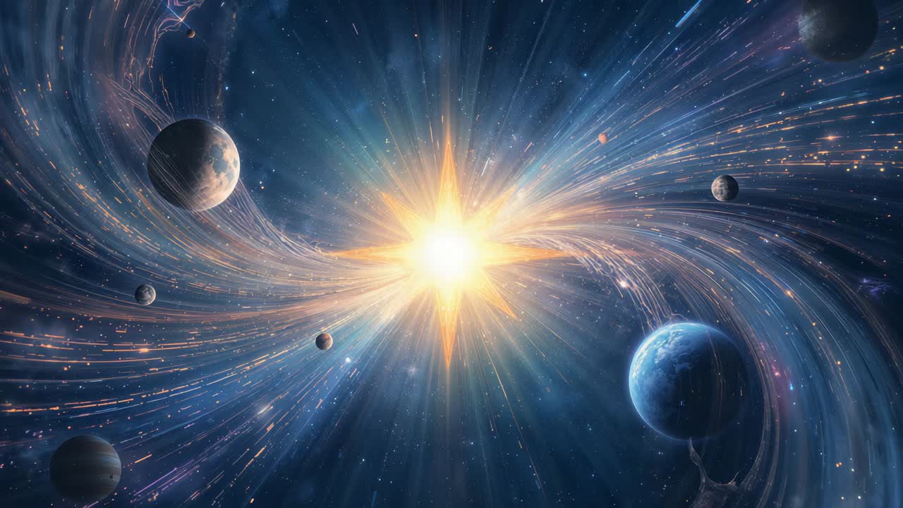 Igniting star sending golden particles spiraling through cosmic void, drawing planets into dance