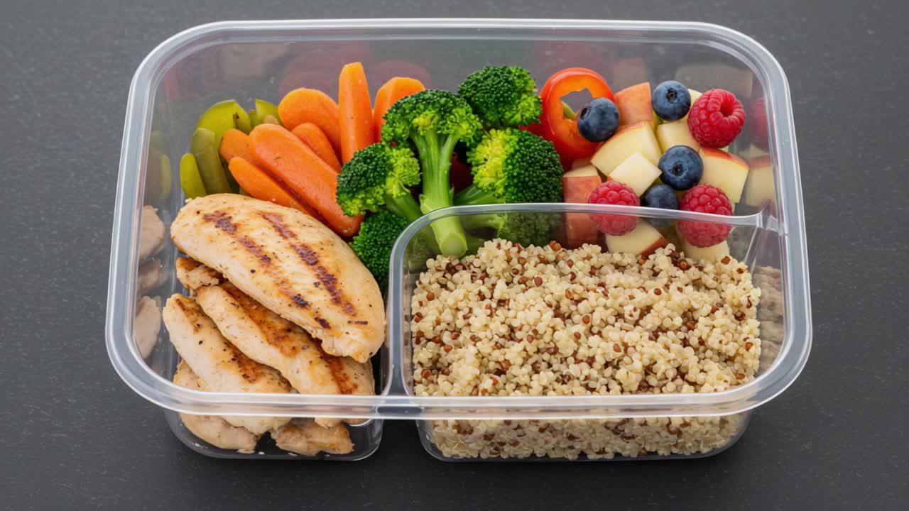 Healthy Meal Prep: Grilled Chicken, Quinoa, and Fresh Vegetables in a Balanced Lunch Container