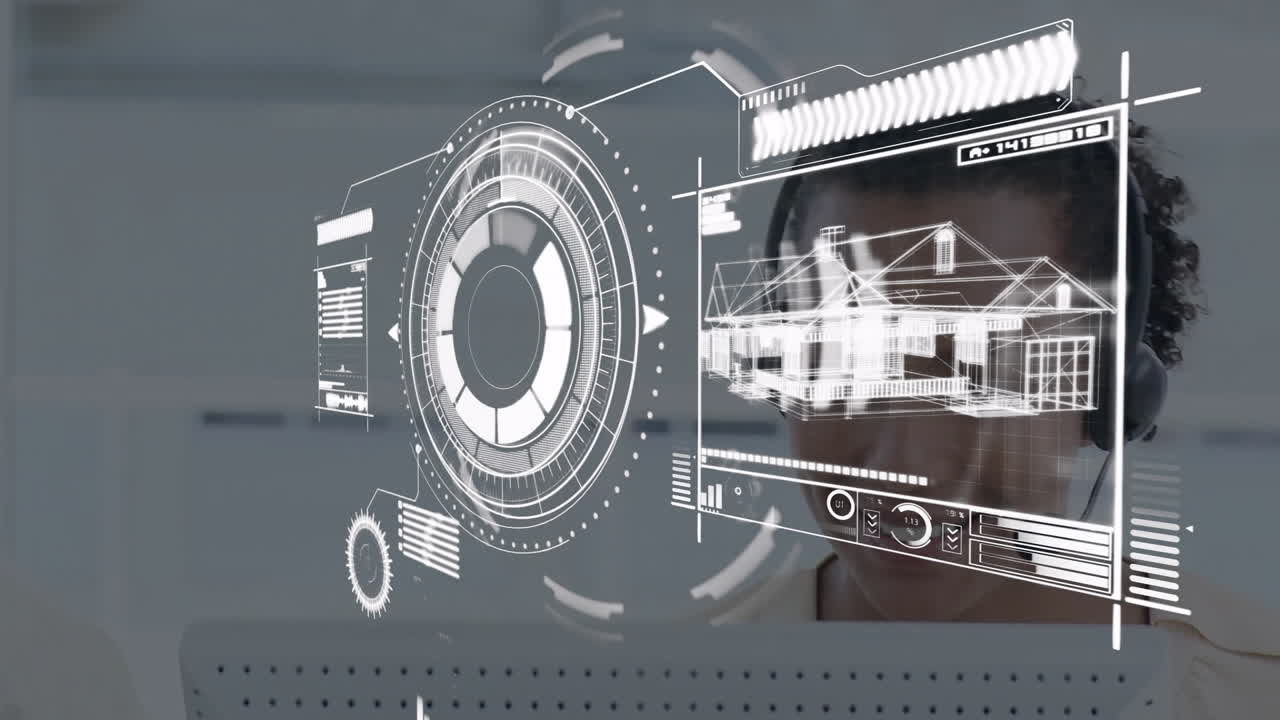 Woman using headset in technology office, analyzing dashboard and wireframe house model