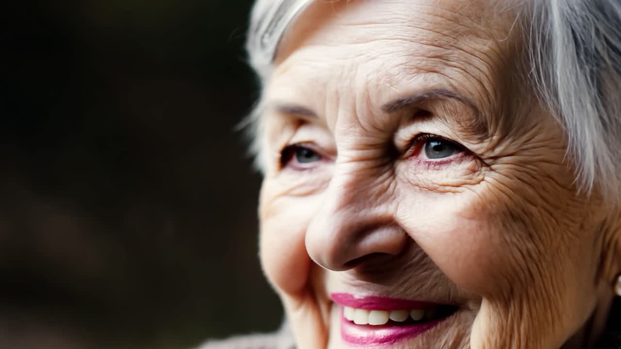 Close-up portrait of a smiling elderly woman with grey hair
