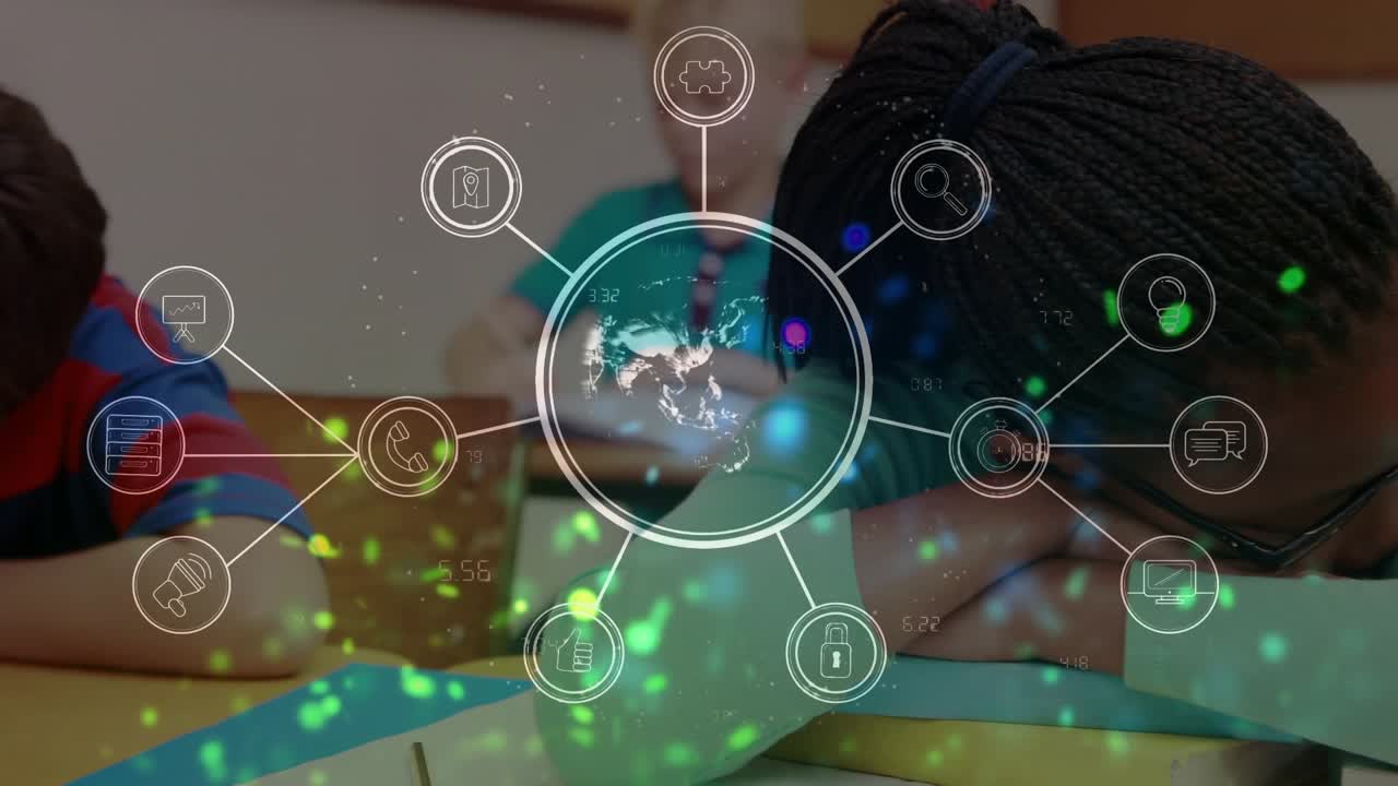 Animation of digital icons and glowing spots against african american girl sleeping at school