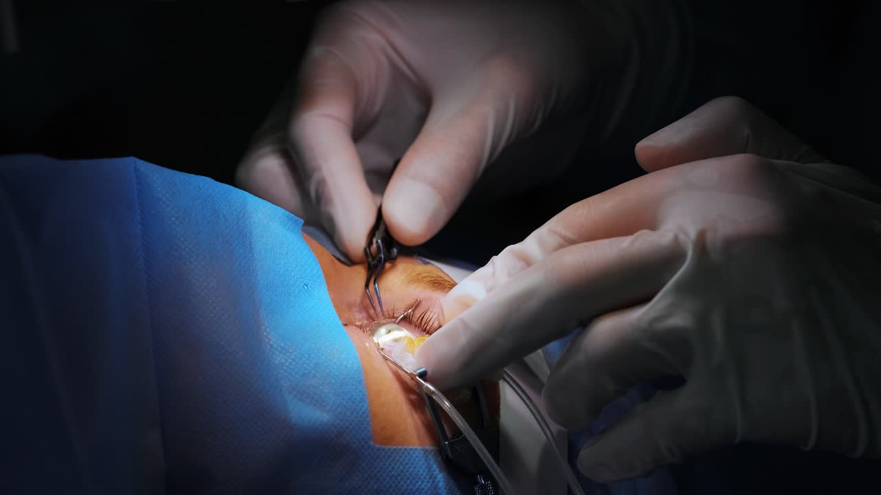 corrección de la visión con láser. un paciente y un equipo de cirujanos en la sala de operaciones durante una cirugía oftalmológica. especulo del párpado. tratamiento de lasik. paciente bajo una cubierta estéril