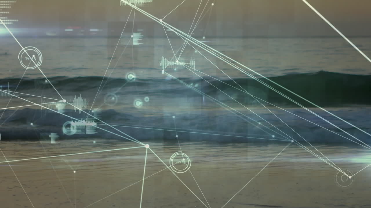 Network of connections and data processing animation over ocean waves
