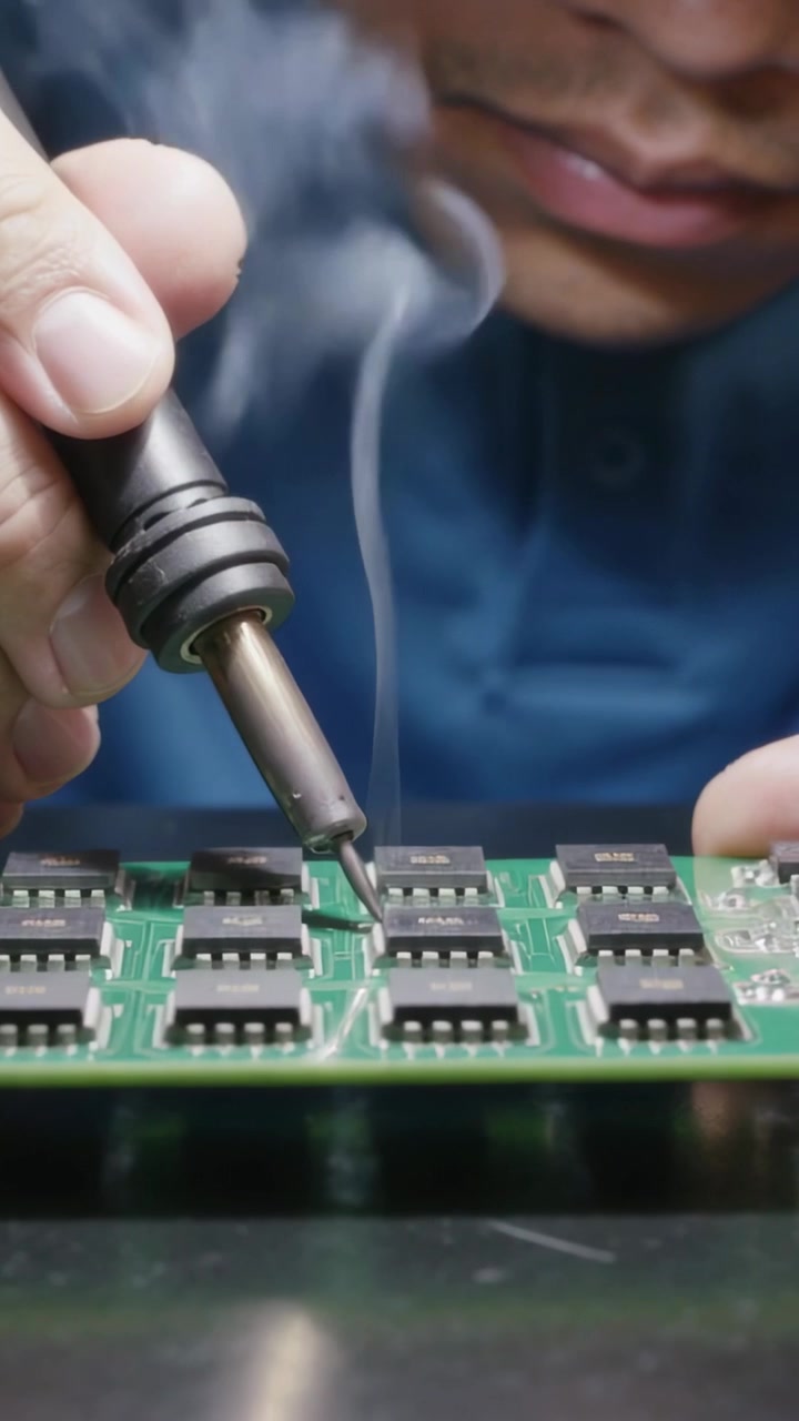 Vertical video: Checking under lamp tech in polo with goggles soldering PCB with iron to fix pins