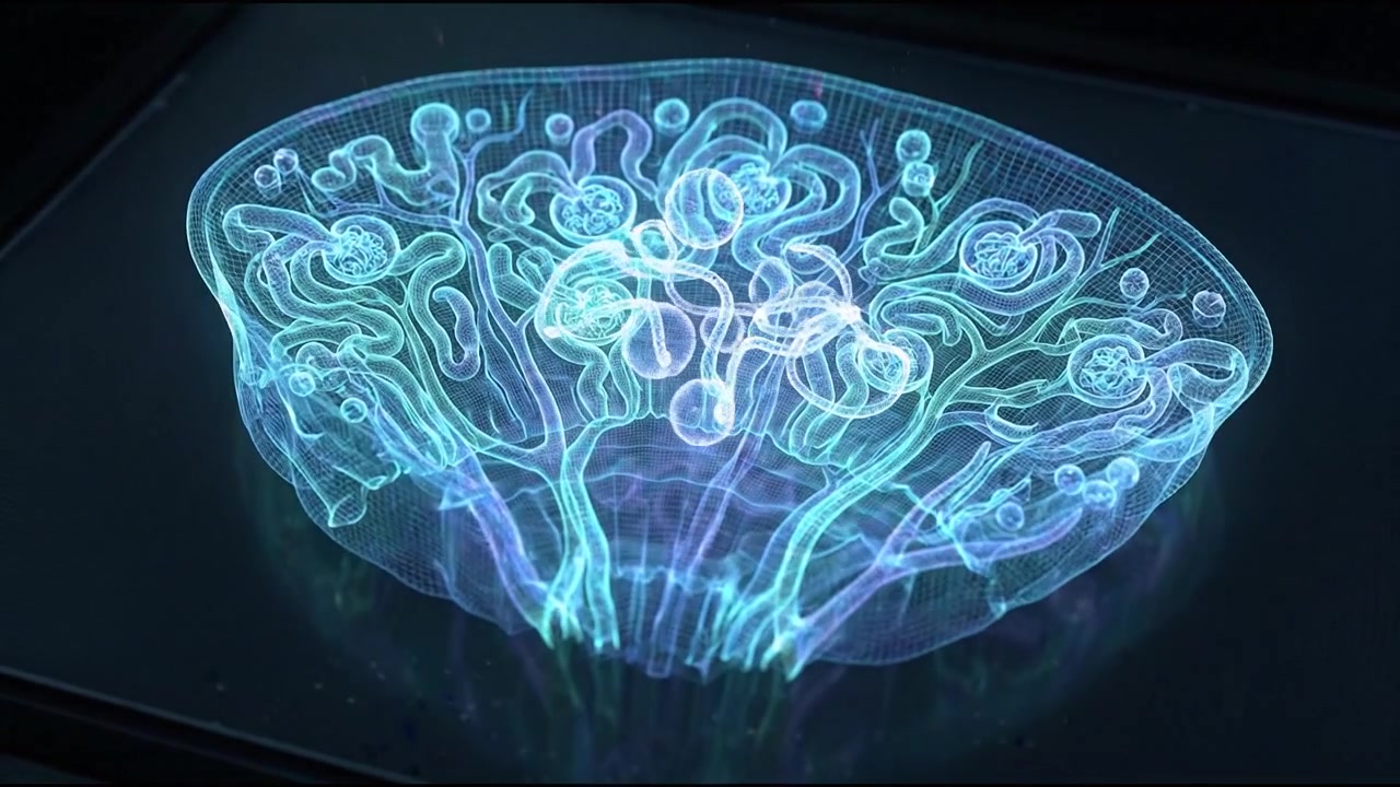 Modelo 3D em corte transversal de rim humano mostrando pirâmides renais