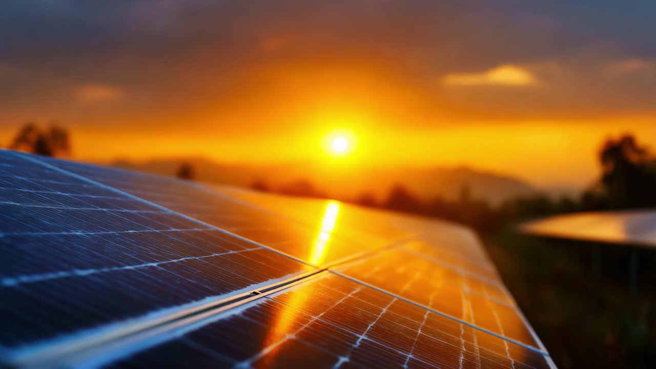 Captivating Sunset Over Solar Panels: A Vision of Renewable Energy Harnessing Nature's Power in a Stunning Landscape